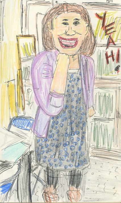 Coworker giving a "guts" pose