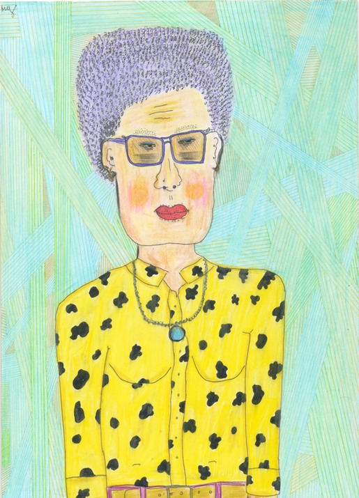 Woman with a perm and cheetah pattern shirt