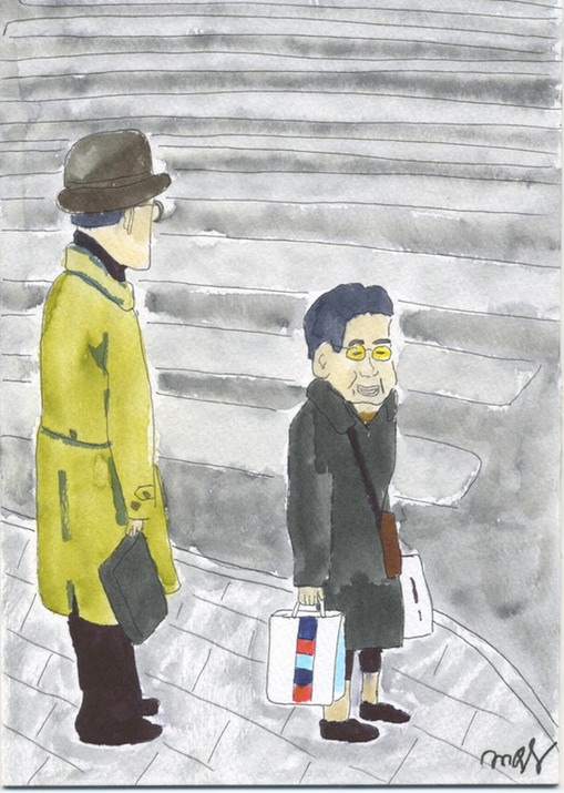 Old Lady and Old Man Waiting to Cross